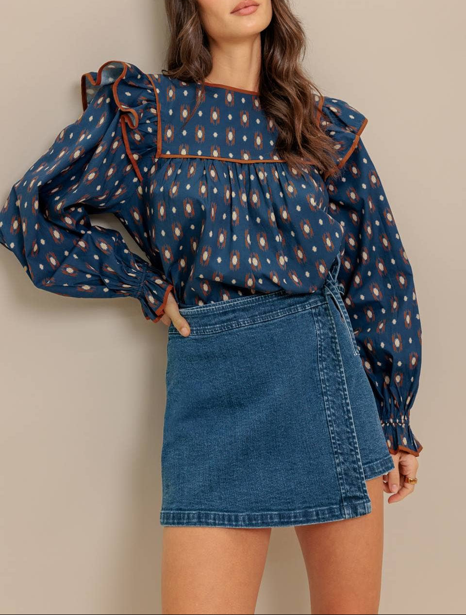 Instant Classic Printed Woven Top - Navy