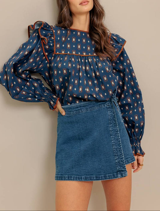 Instant Classic Printed Woven Top - Navy