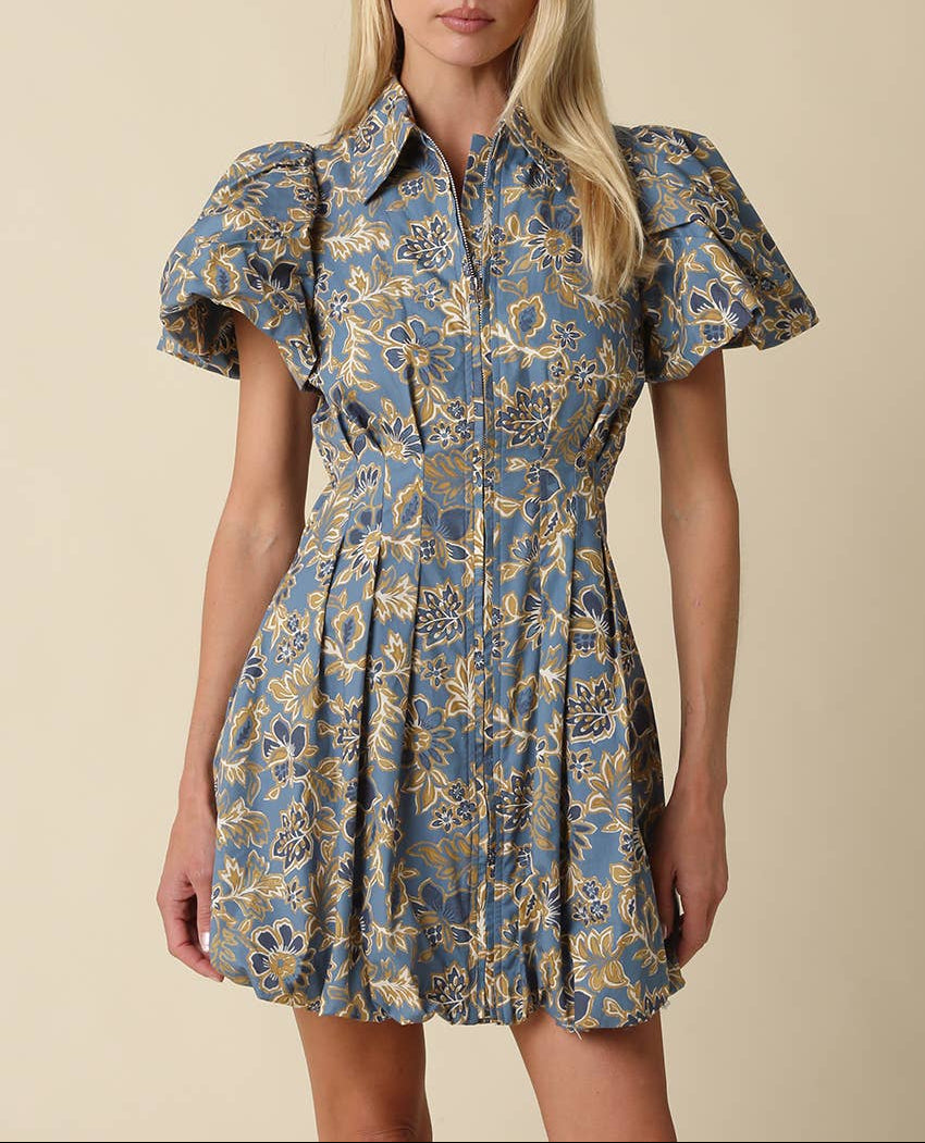 Dani Bubble Sleeve Mini Dress - Blue/Grey Gold