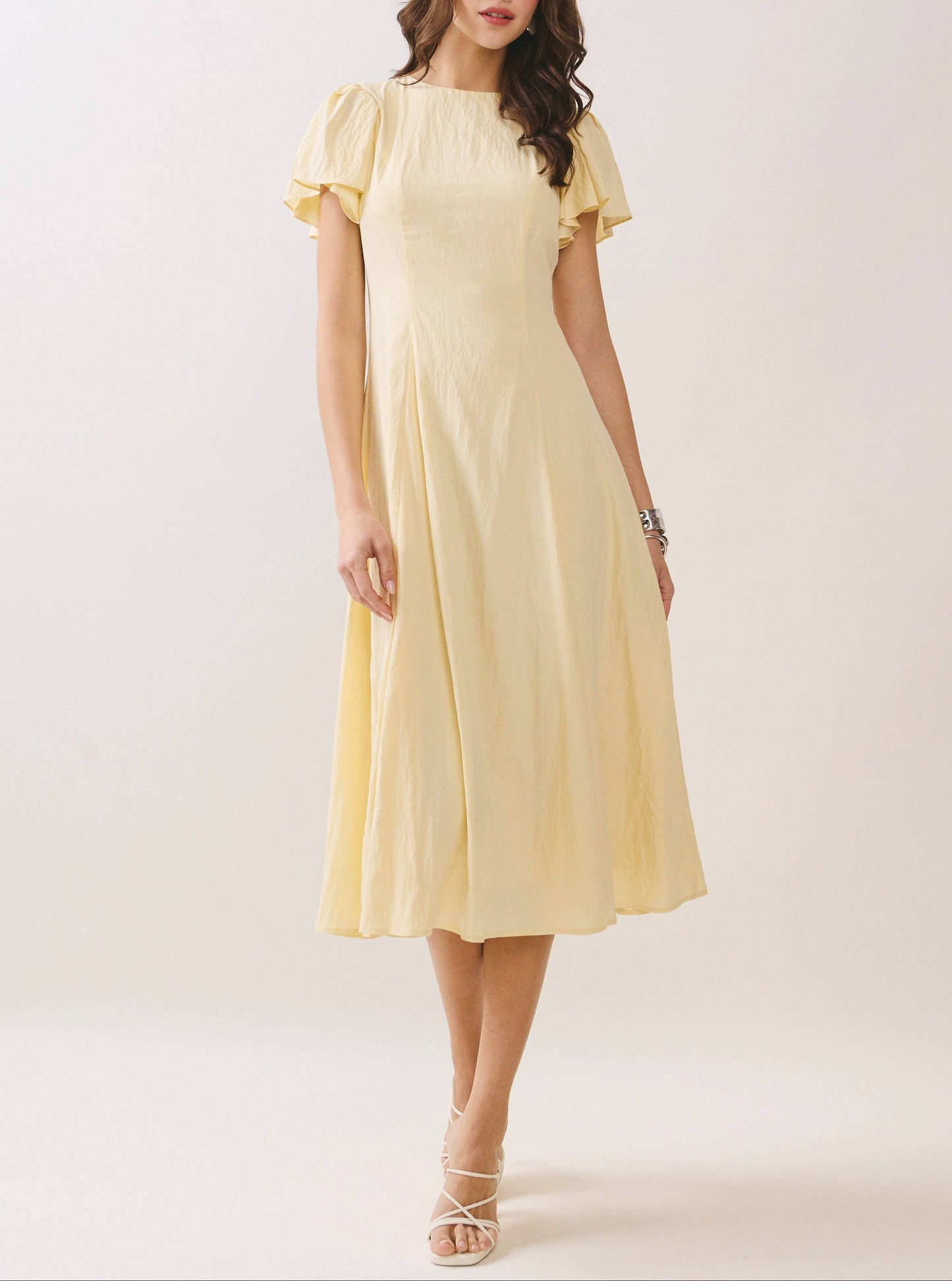 Story Time Flutter Short Sleeve Flowy Hem Midi Dress - Yellow