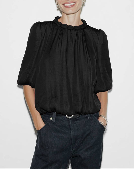 Fine Line Round Neck Accent Billowy Blouse - Black