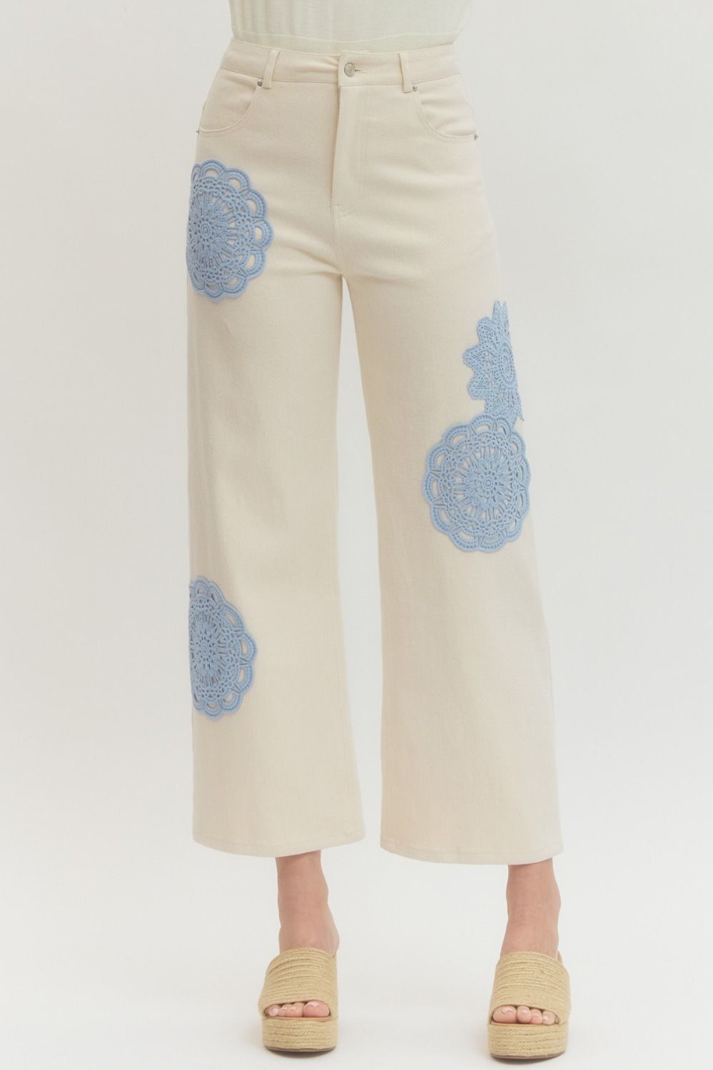 Add To Cart Wide Leg Floral Lace Applique Pant - Cream