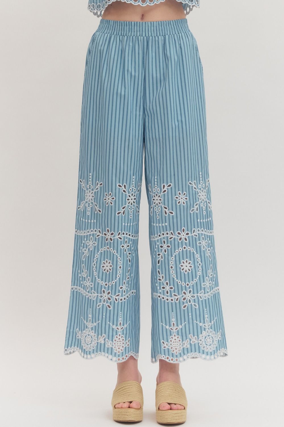 Looking Ahead Striped Elastic Waist Eyelet Pant - Blue