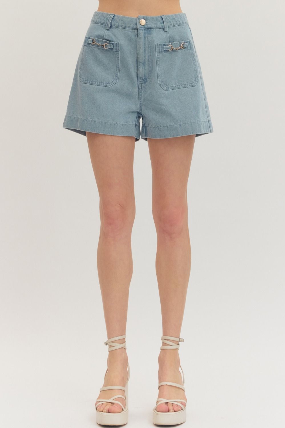 Night Rider Horsebit Front Pocket Denim Short - Light Blue