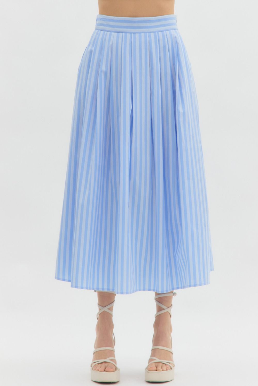 Ready Set Go Striped High Waist Pleated Midi Skirt - Blue