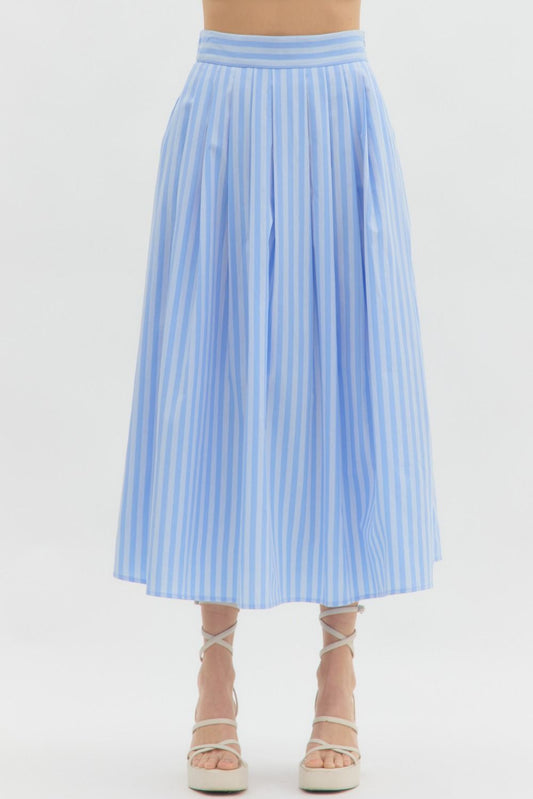 Ready Set Go Striped High Waist Pleated Midi Skirt - Blue