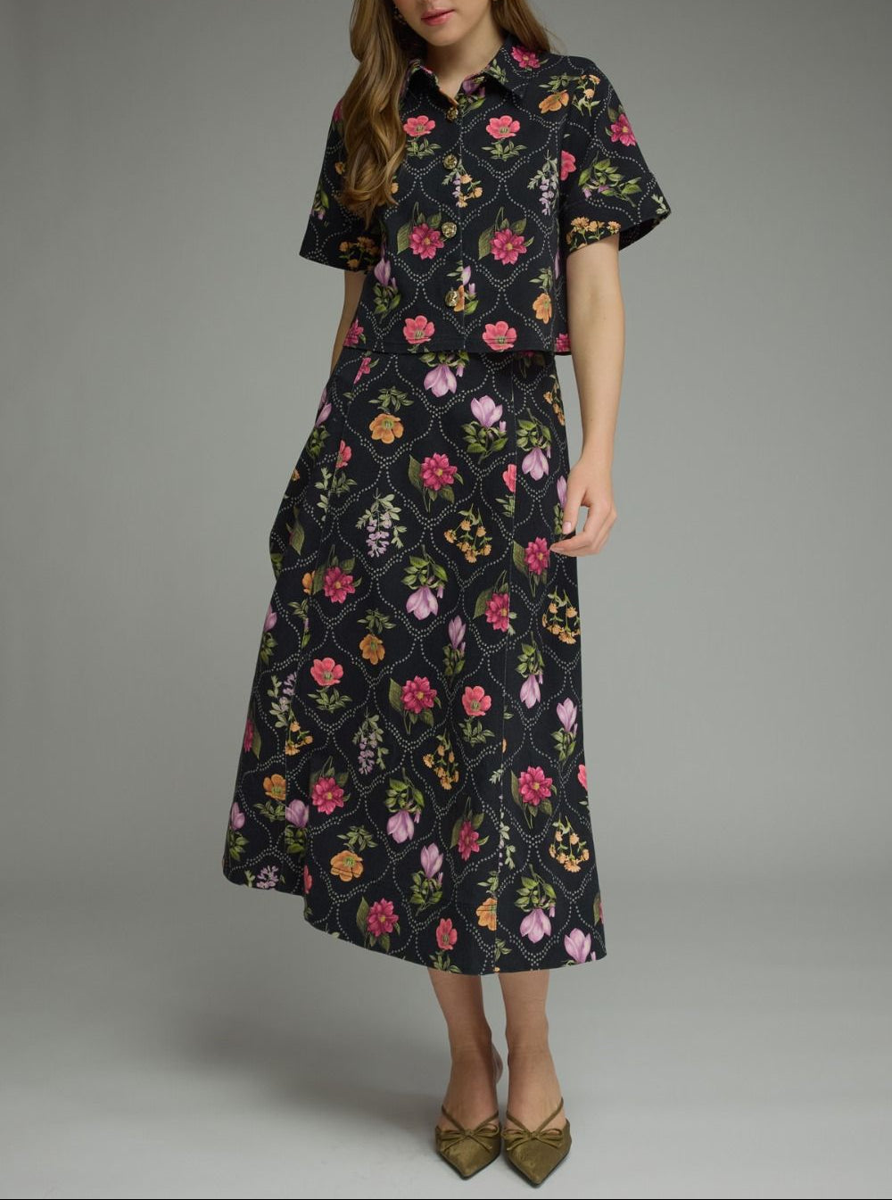 Love Note Floral Print Midi Skirt - Black