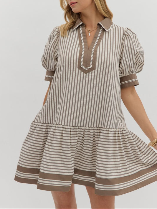 Show Stopper Striped Babydoll Dress - Mocha Mousse