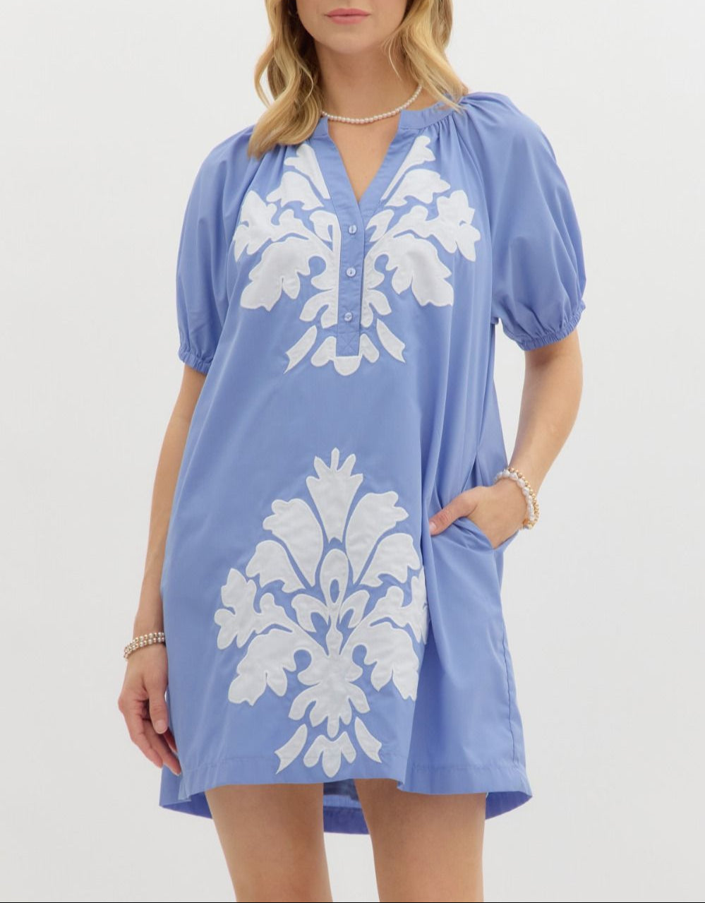 Wishing For You Embroidered Puff Sleeve Dress - Blue