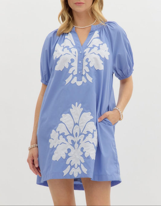 Wishing For You Embroidered Puff Sleeve Dress - Blue
