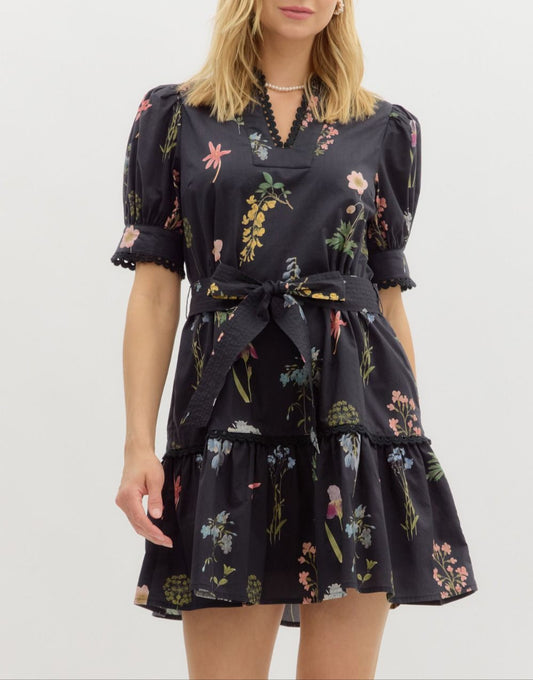 Singing In The Rain Floral Puff Sleeve Belted Dress - Black