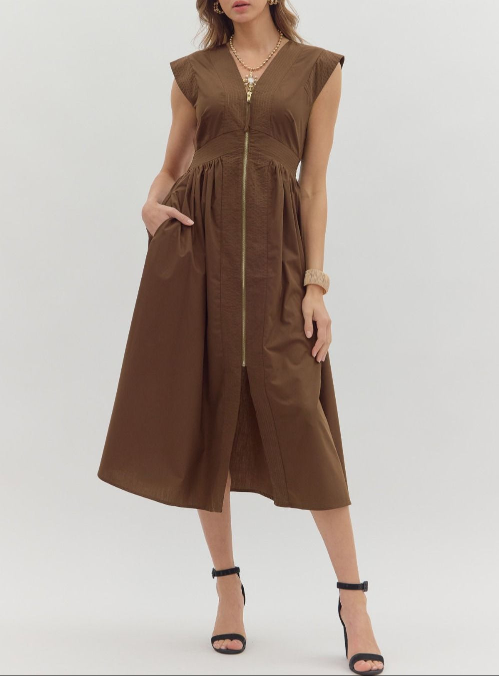 Who's She Zip Front Cap Sleeve Midi Dress - Brown
