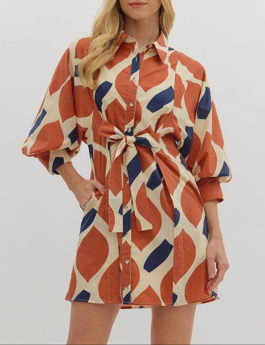 Like New Self Tie Printed Dress - Ecru Rust