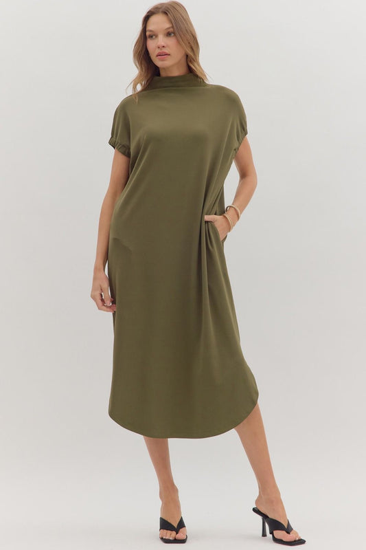 Moving Up High Mock Neck Dress - Olive