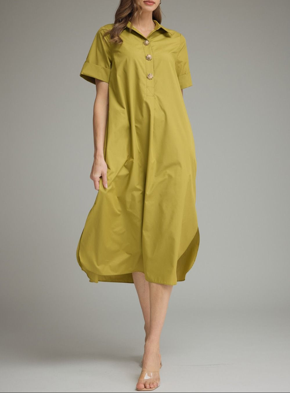 Good Time Solid Short Sleeve Midi Dress - Martini Olive