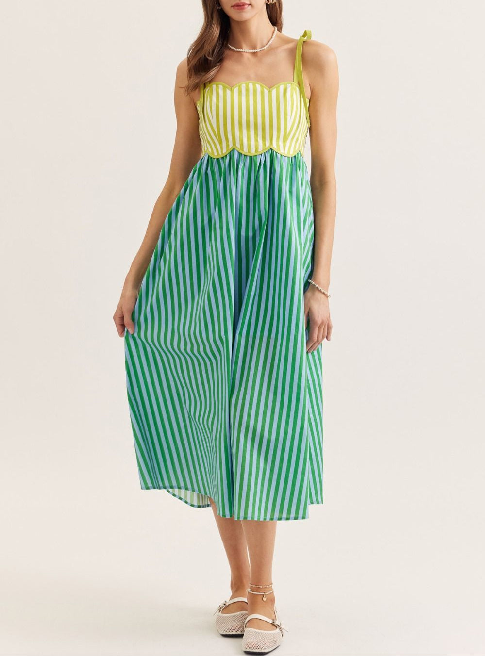 Deep Dive Striped Scalloped Midi Dress - Kiwi Green