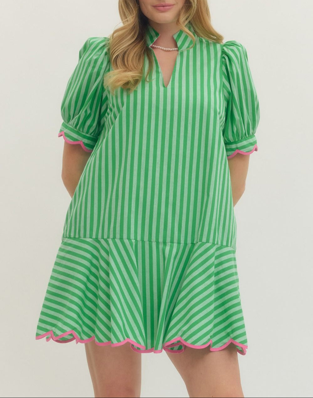 Sugar Rush Striped Scallop Trim Dress - Green