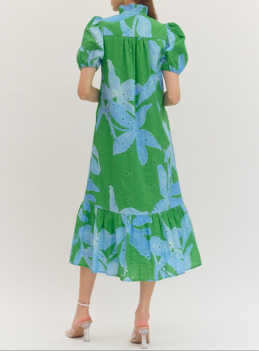 Chill Out Botanical Print Puff Sleeve Midi Dress - Green