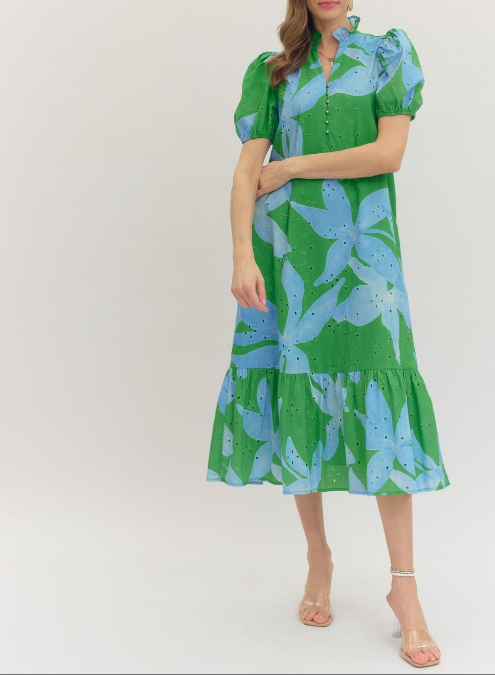 Chill Out Botanical Print Puff Sleeve Midi Dress - Green