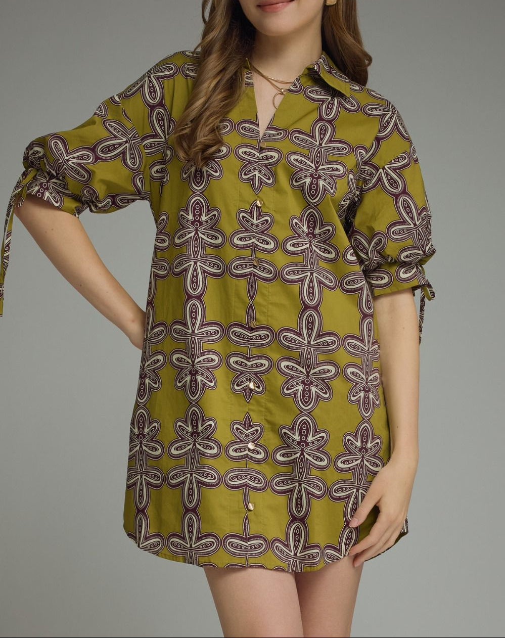 Stay Here Printed Short Sleeve Tie Dress - Martini Olive