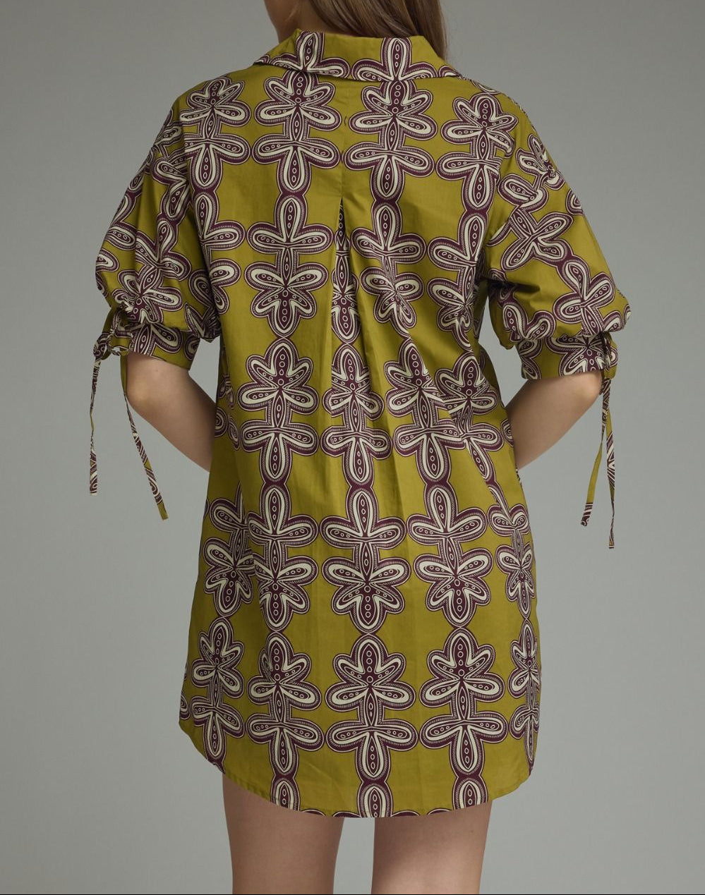 Stay Here Printed Short Sleeve Tie Dress - Martini Olive