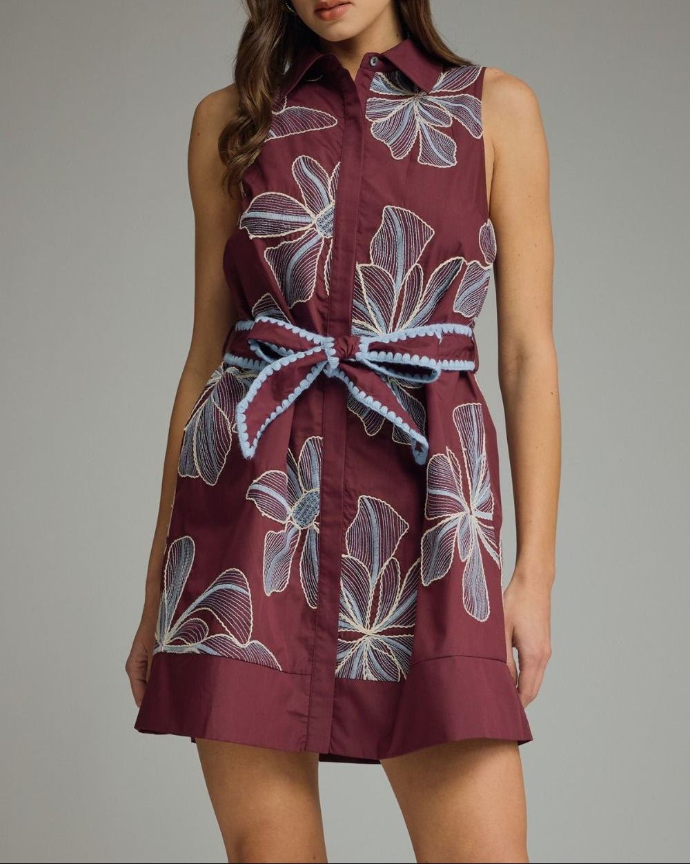 Away From Me Floral Embroidered Sleeveless Dress - Wine