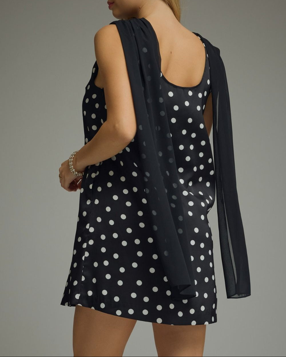 Say Less Polka Dot Sleeveless Dress with Scarf - Black