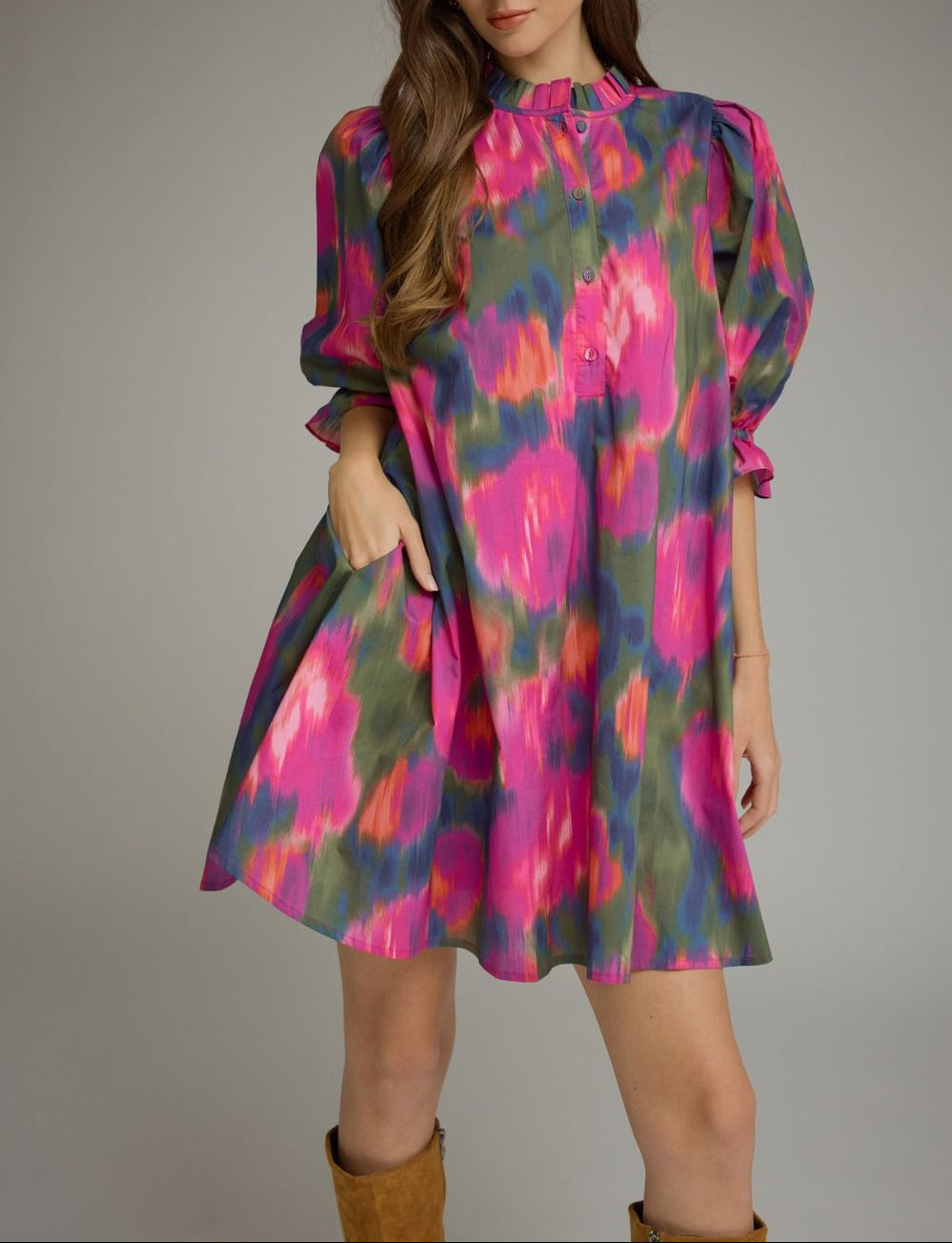 Saturday Night Printed Puff Sleeve Dress - Magenta