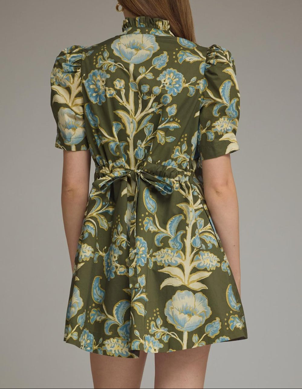 Down Town Floral Print Puff Sleeve Dress - Olive