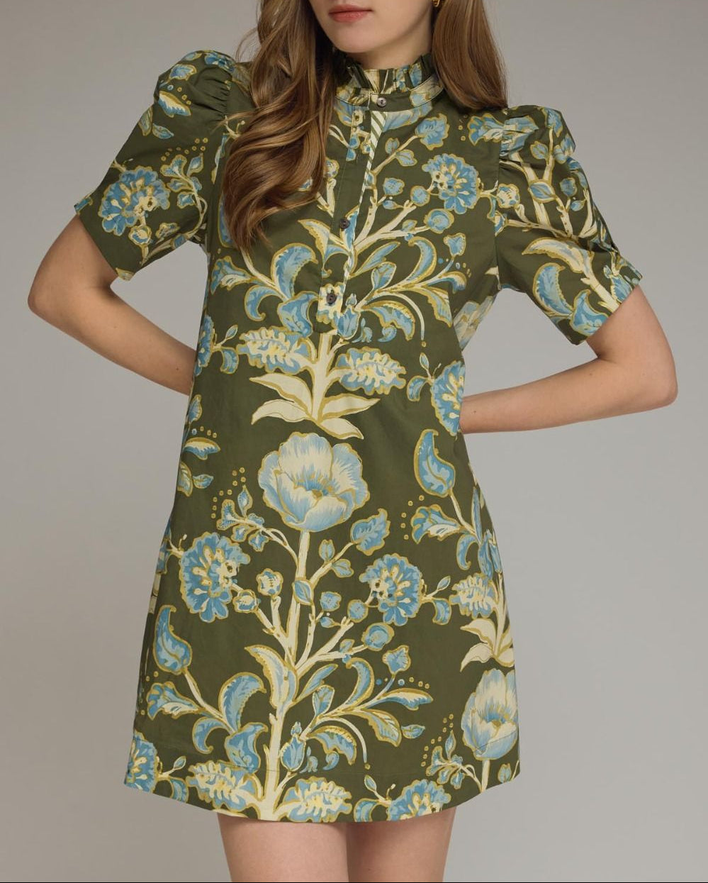 Down Town Floral Print Puff Sleeve Dress - Olive