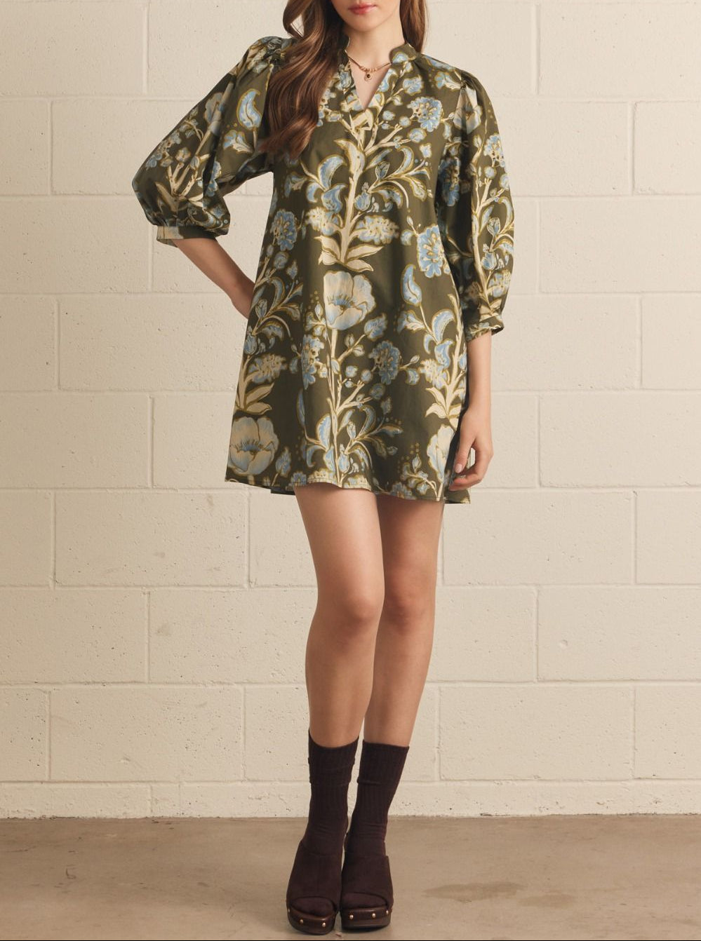 Big Dream Floral 3/4 Puff Sleeve Dress - Olive