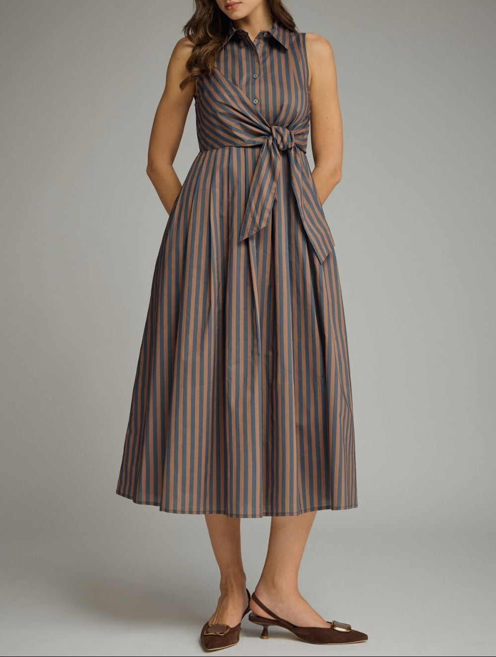 Find Me Striped Sleeveless Midi Dress - Navy Brown