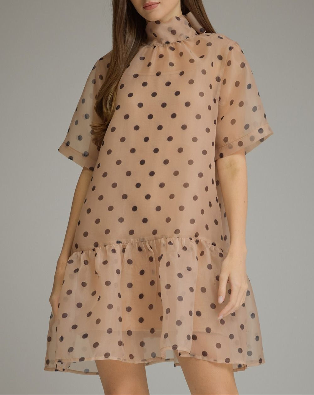 Nice Trade Sheer Overlay Mesh Polka Dot Dress - Ecru