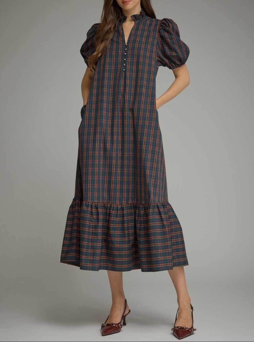 Merry & Bright Plaid Puff Sleeve Midi Dress - Green