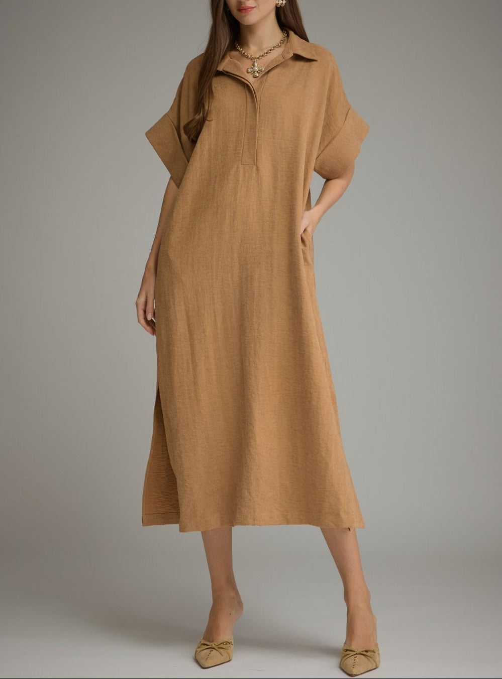 Thank You Solid Short Sleeve Midi Dress - Camel
