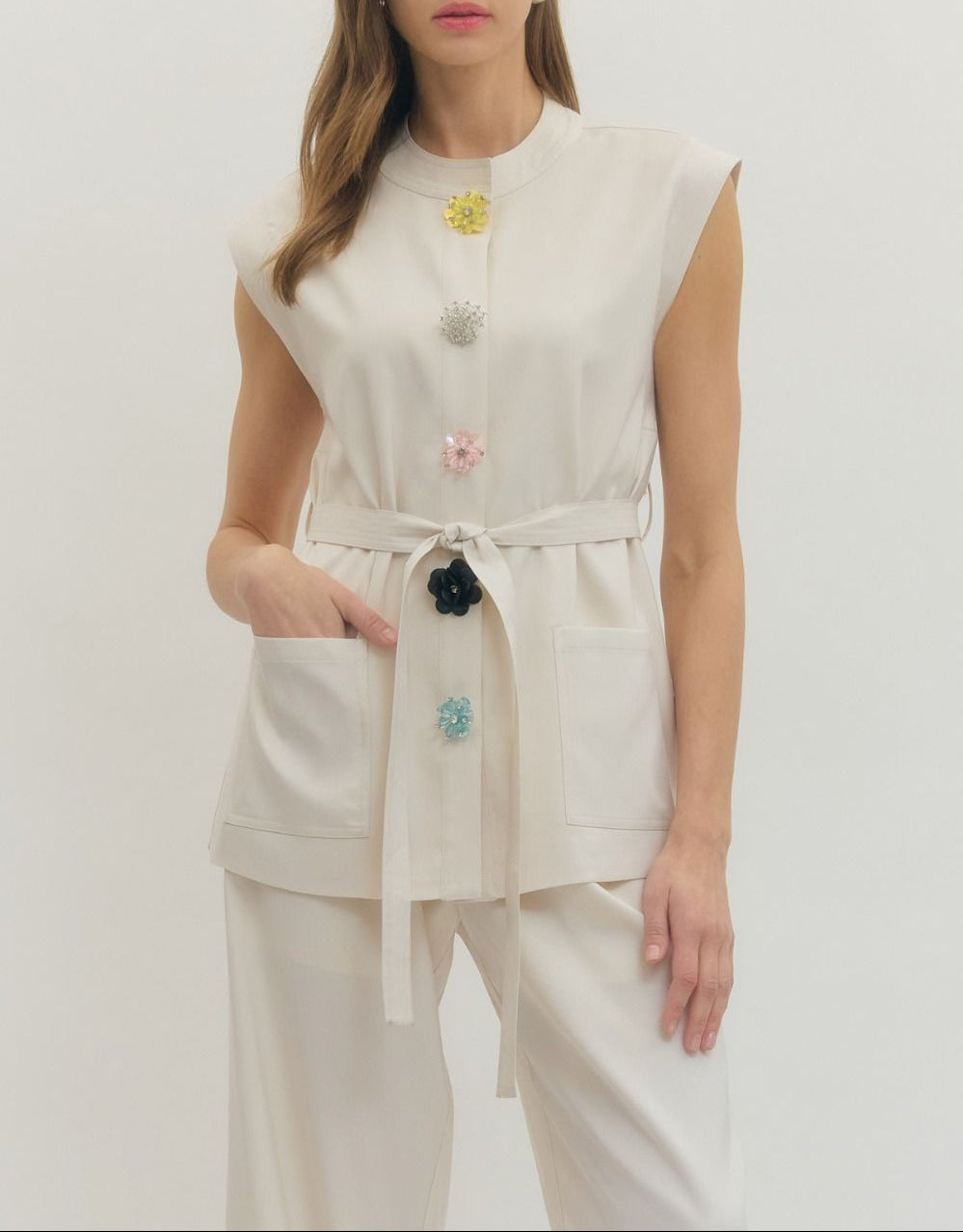 Rule Breaker Embellished Snap Sleeveless Jacket - Ecru