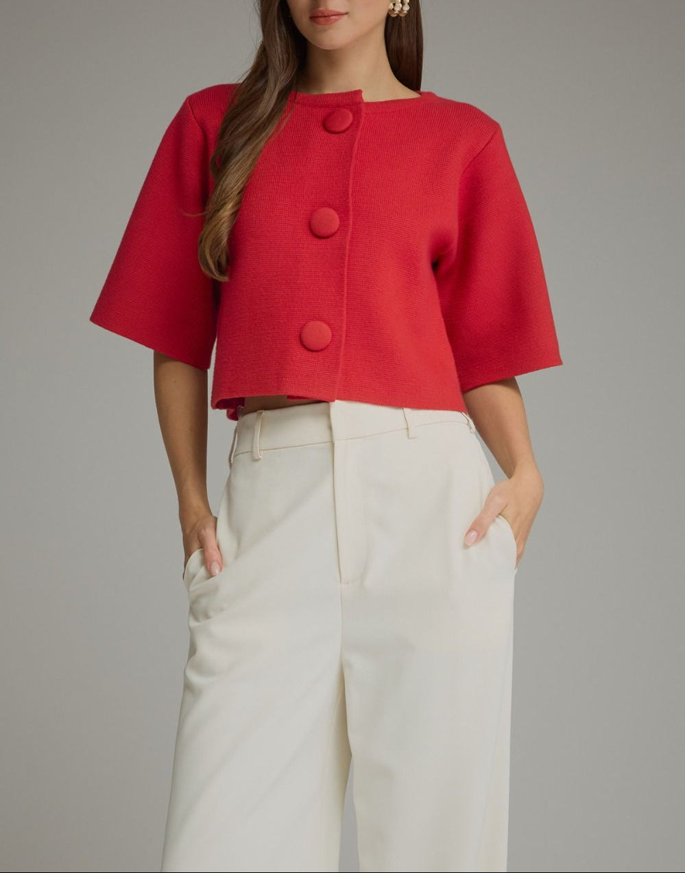 Holly Jolly Short Sleeve Button Up Sweater - Red