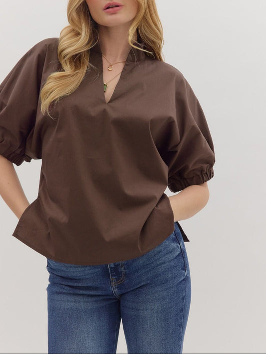 Perfect Day V-Neck Puff Sleeve Top - Brown