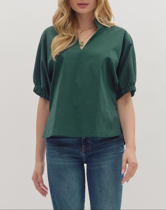 Perfect Day V-Neck Puff Sleeve Top - Hunter Green