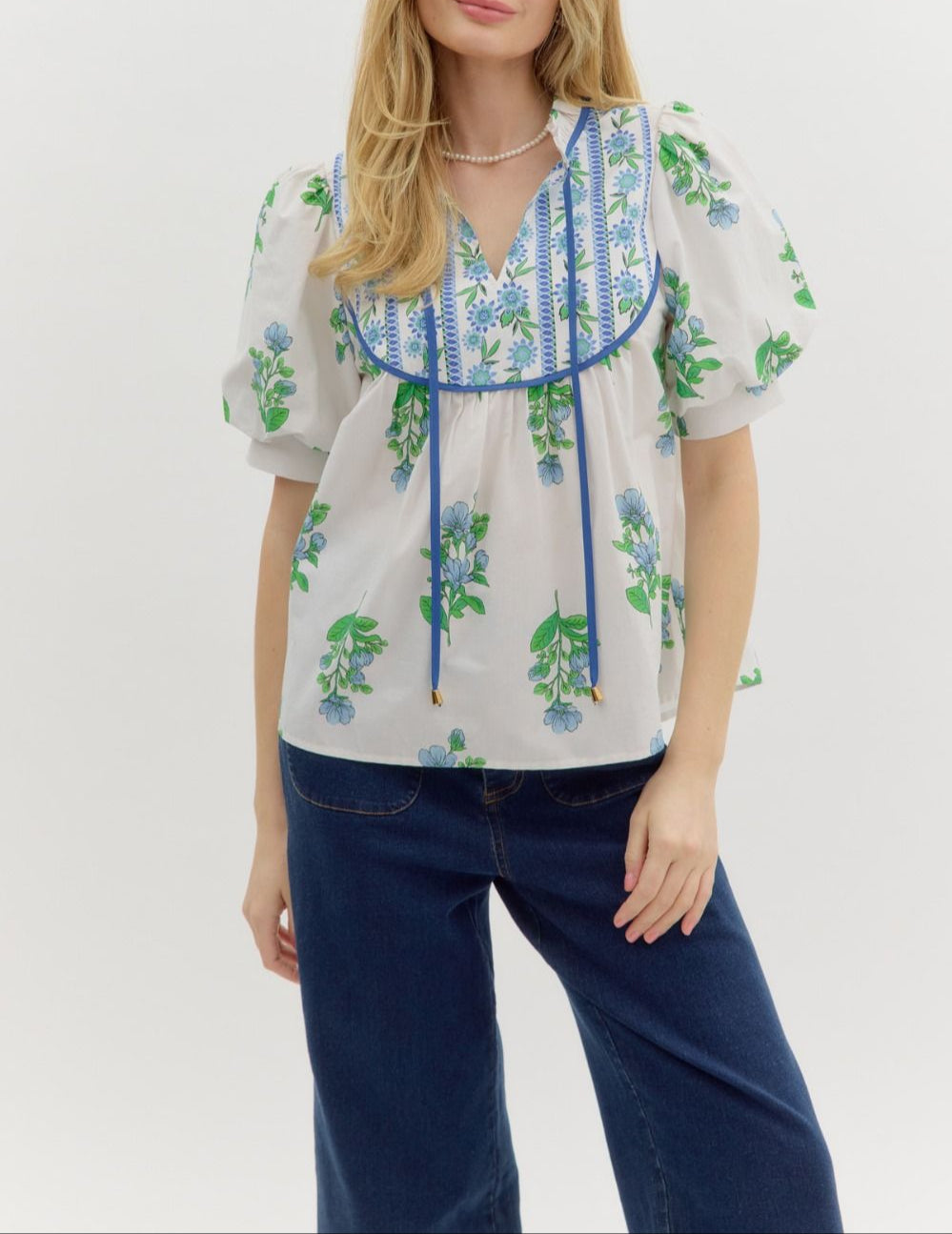 Heartbreaker Floral Contrasting Bubble Sleeve Top - Off White