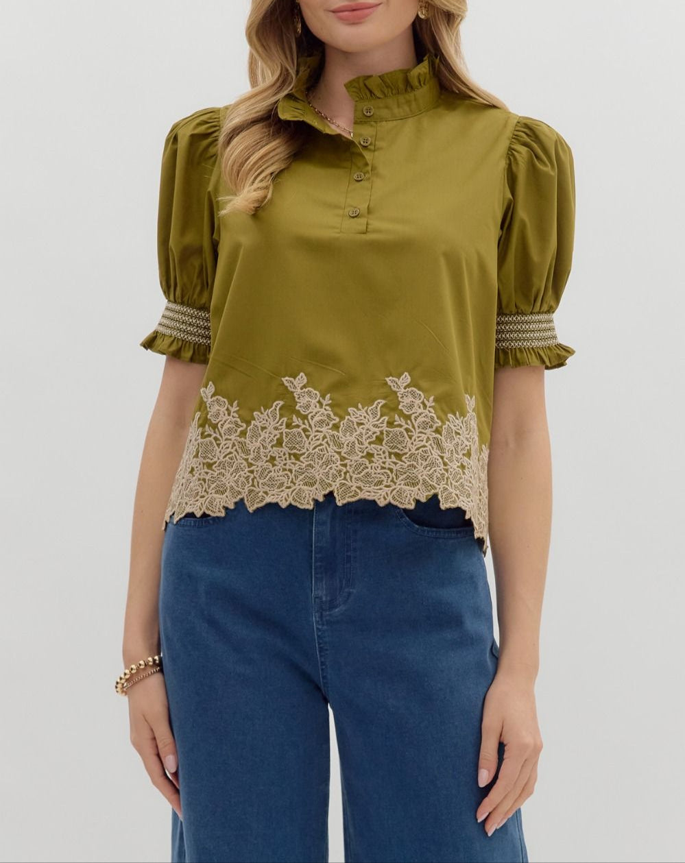Something's Gotta Give Embroidered Smocked Top - Olive
