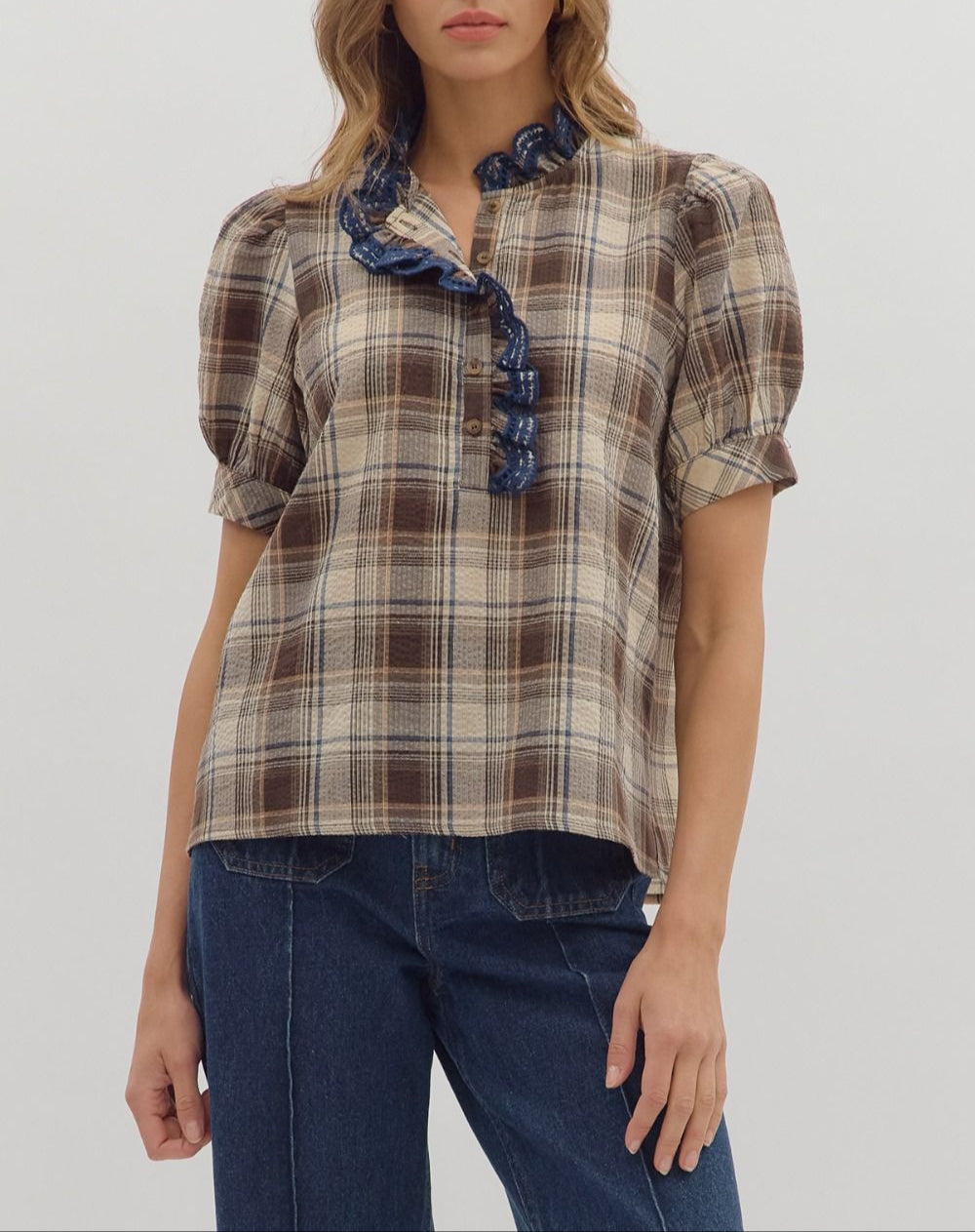 Check It Out Plaid Puff Sleeve Top - Mocha