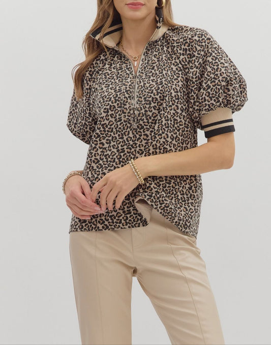 Adventures Waiting Puff Sleeve Half Zip Top - Taupe