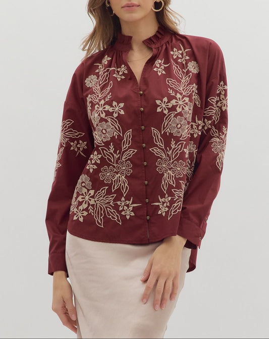 Raving Romance Embroidered Long Sleeve Top - Burgundy