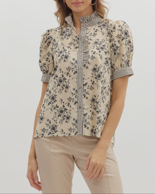 Unwritten Beauty Floral Ruffle Collar Top - Ecru
