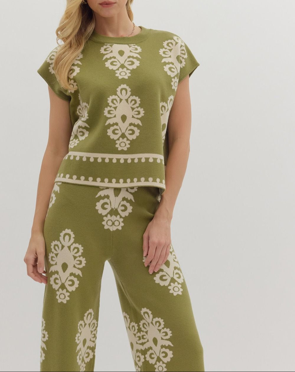 Dang Girl Damask Pattern Cap Sleeve Top - Olive