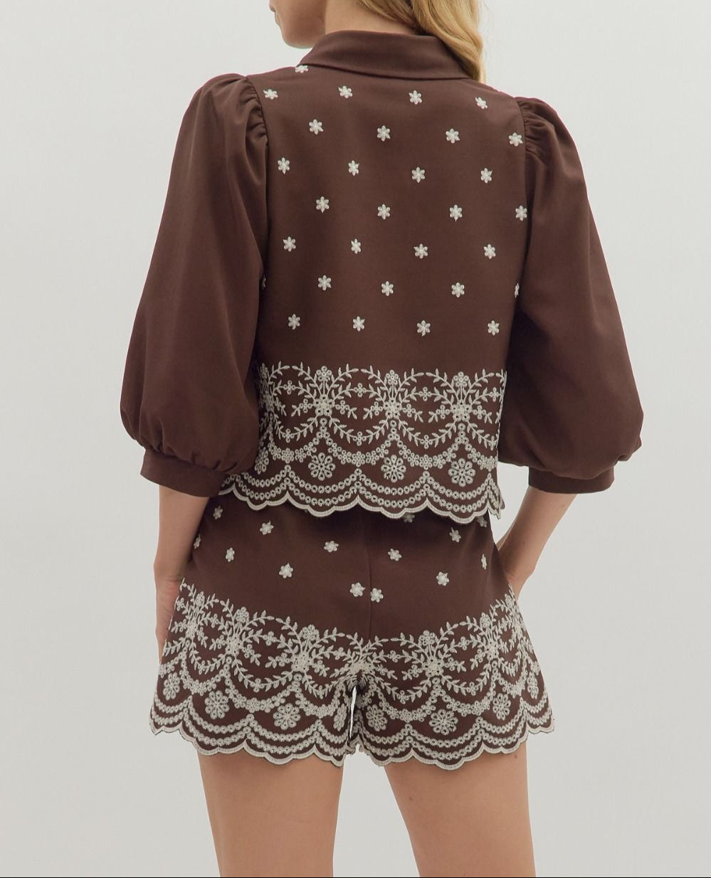 Autumn Adventures Embroidered Puff Sleeve Top - Brown