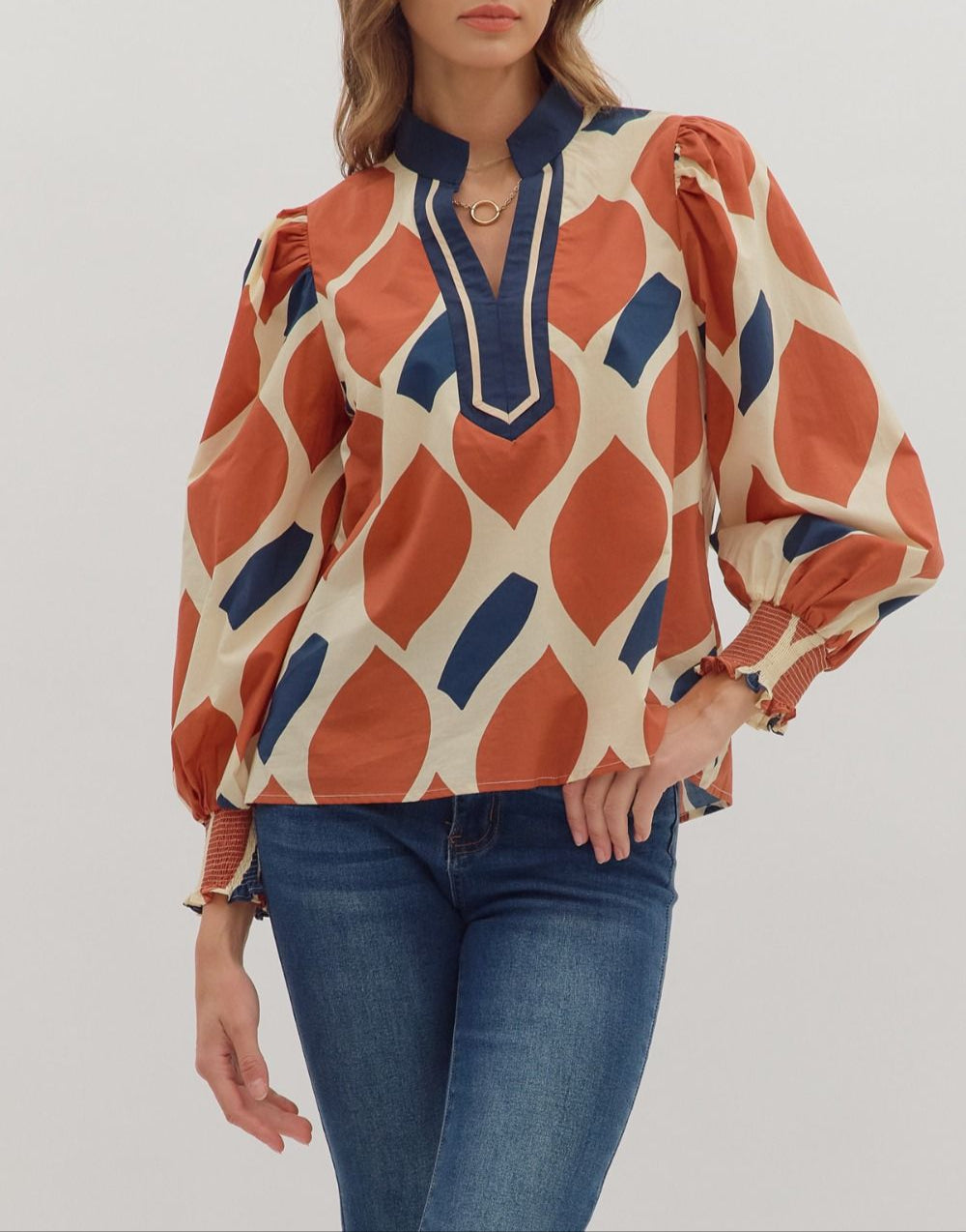 Be Bold Geometric Puff Sleeve Top - Ecru Rust