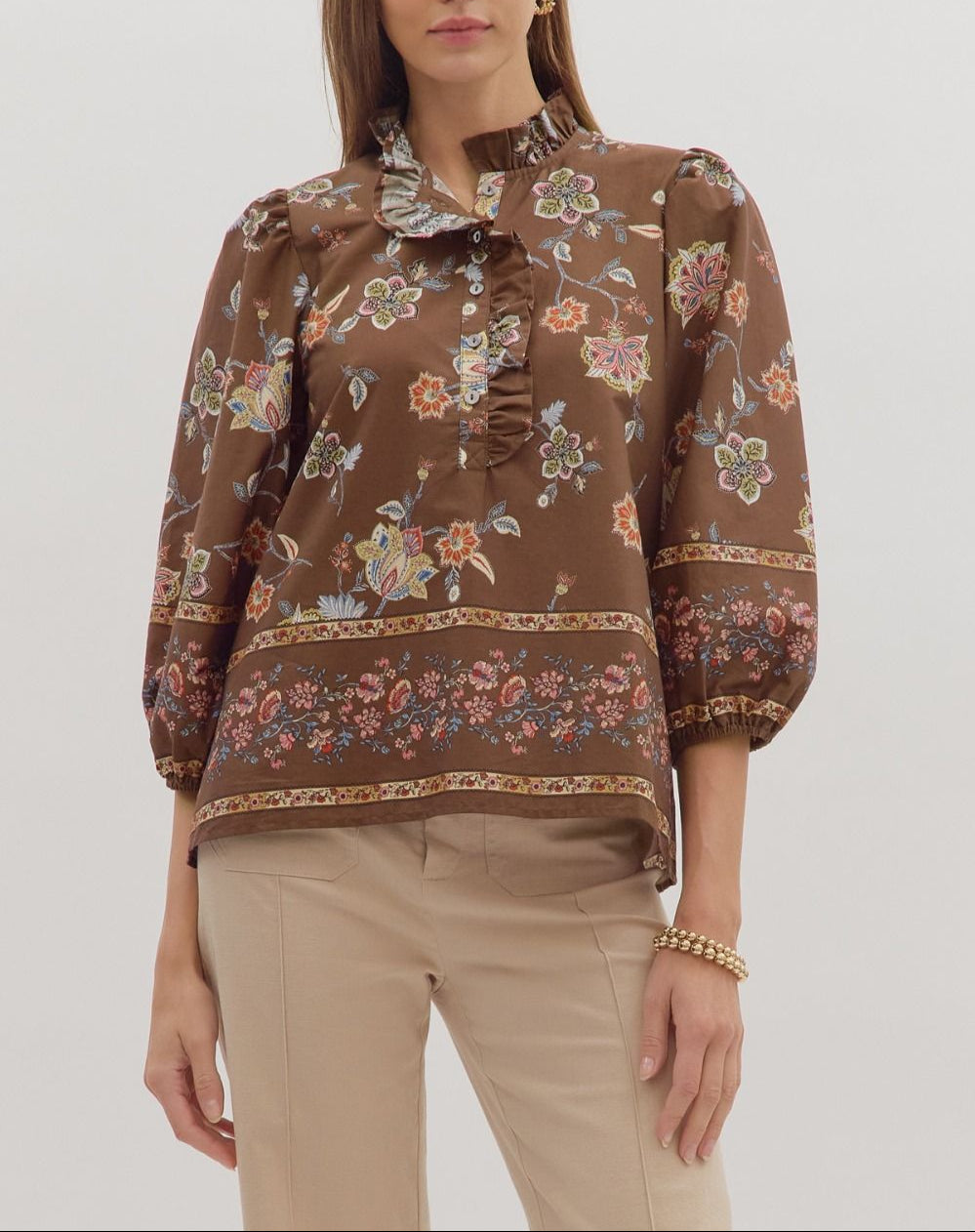 Forward Thinking Floral Ruffle Collar Top - Brown