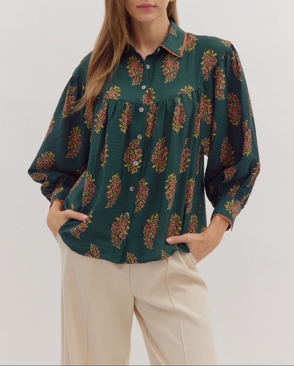 Top Seller Floral Print Button Down Top - Hunter Green